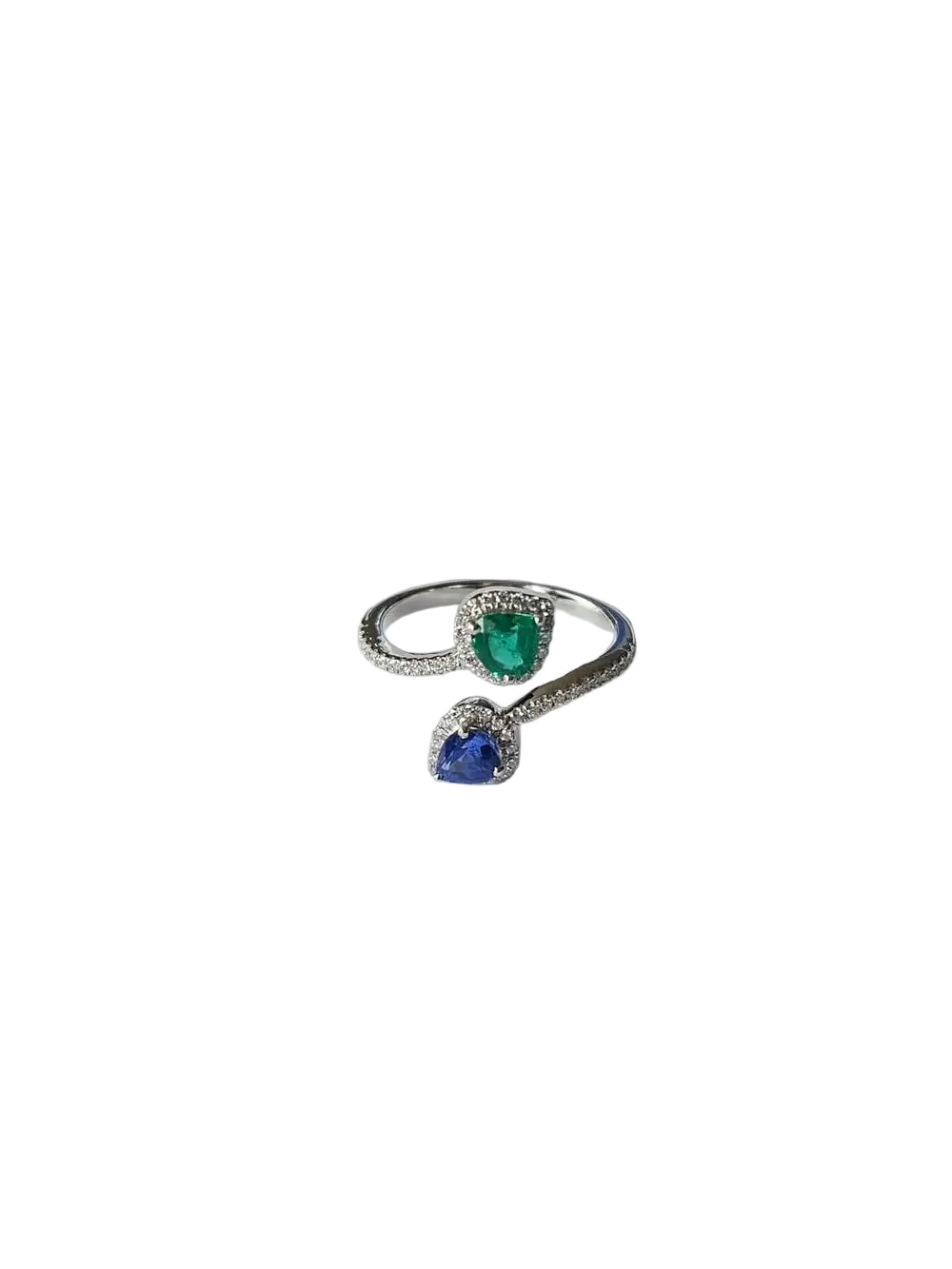 Natural Emerald & Blue Sapphire Ring - 18k White Gold Diamond Ring