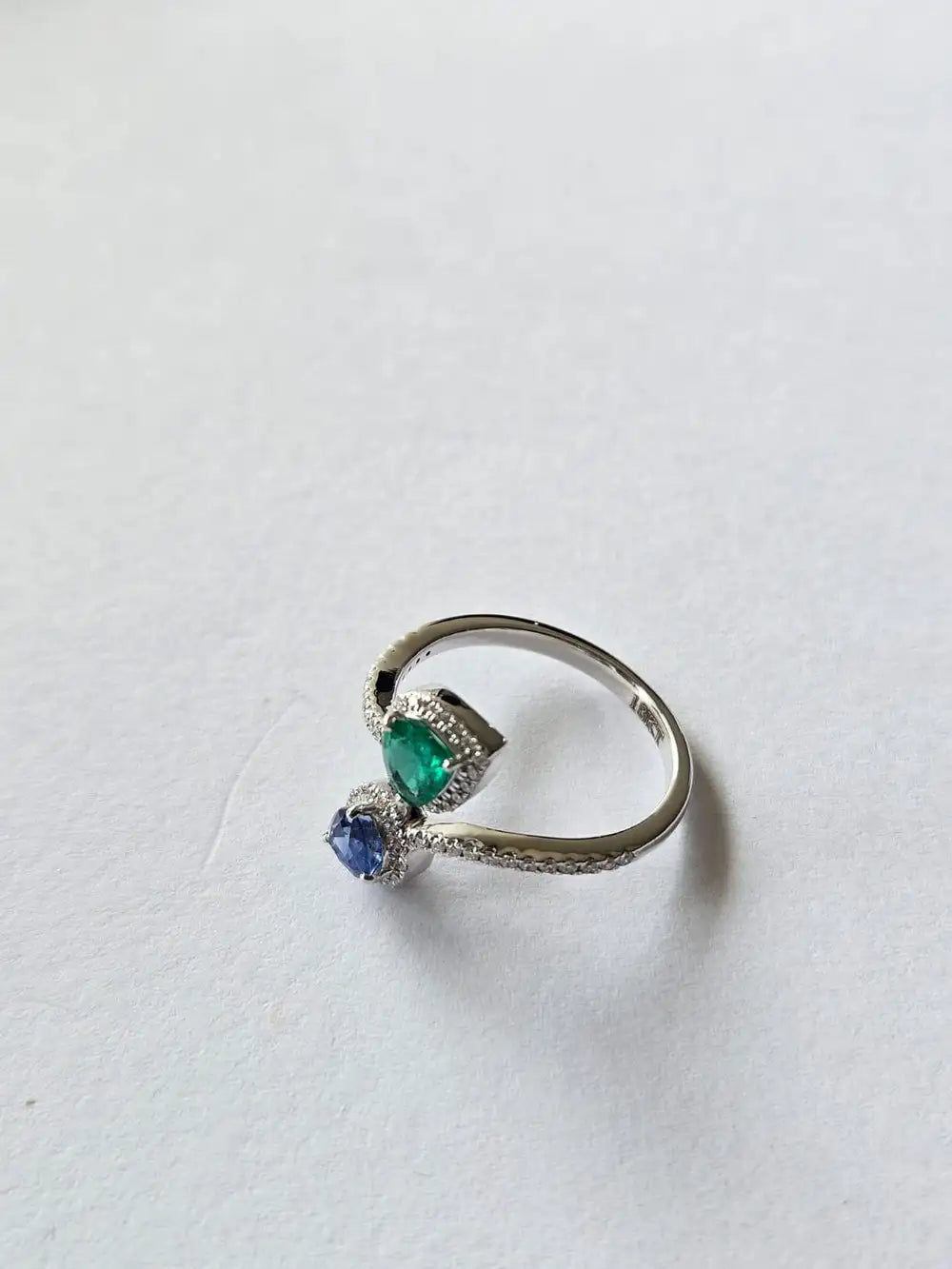 Natural Emerald & Blue Sapphire Ring - 18k White Gold Diamond Ring