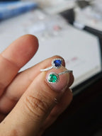 Natural Emerald & Blue Sapphire Ring - 18k White Gold Diamond Ring