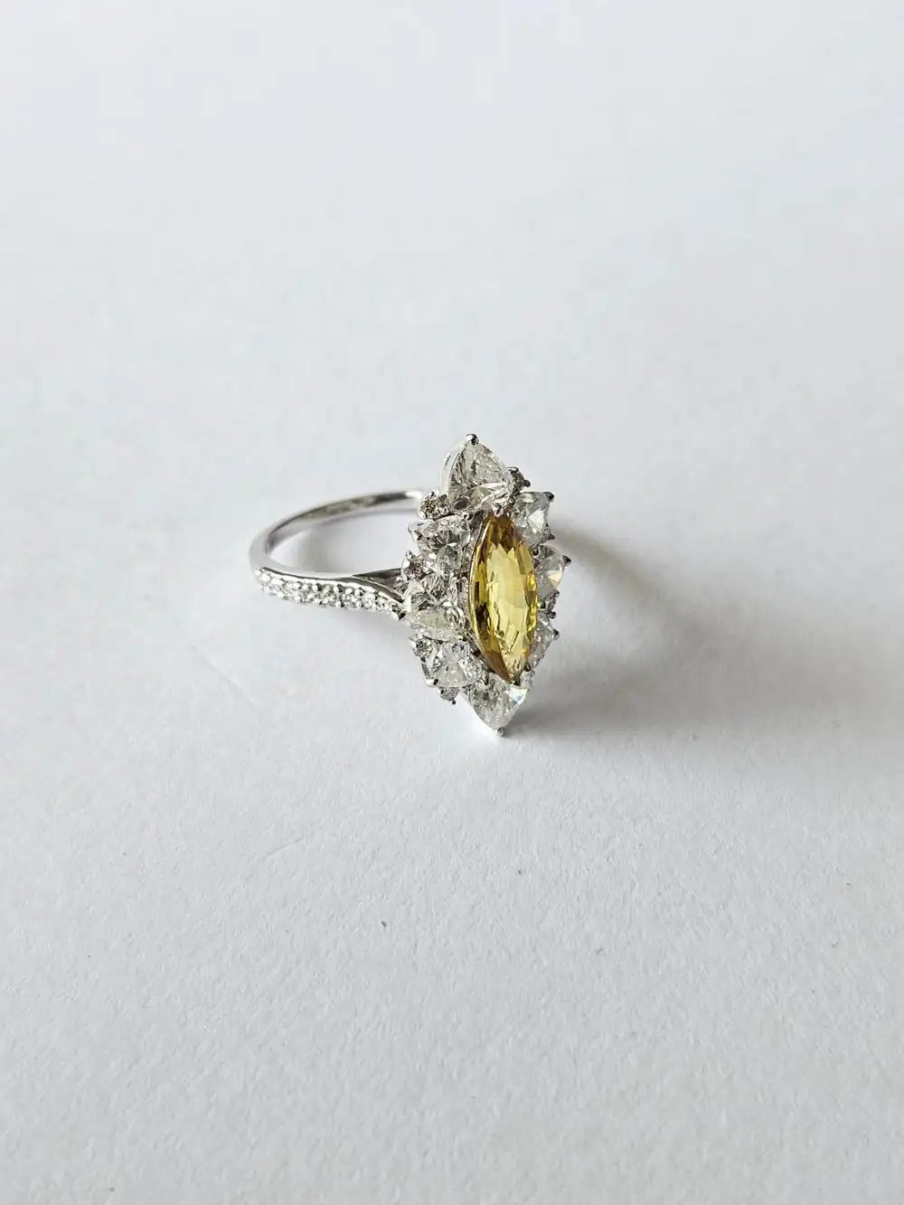 Natural Yellow Sapphire Gemstone Ring - 18k White Gold Diamond Handmade Ring