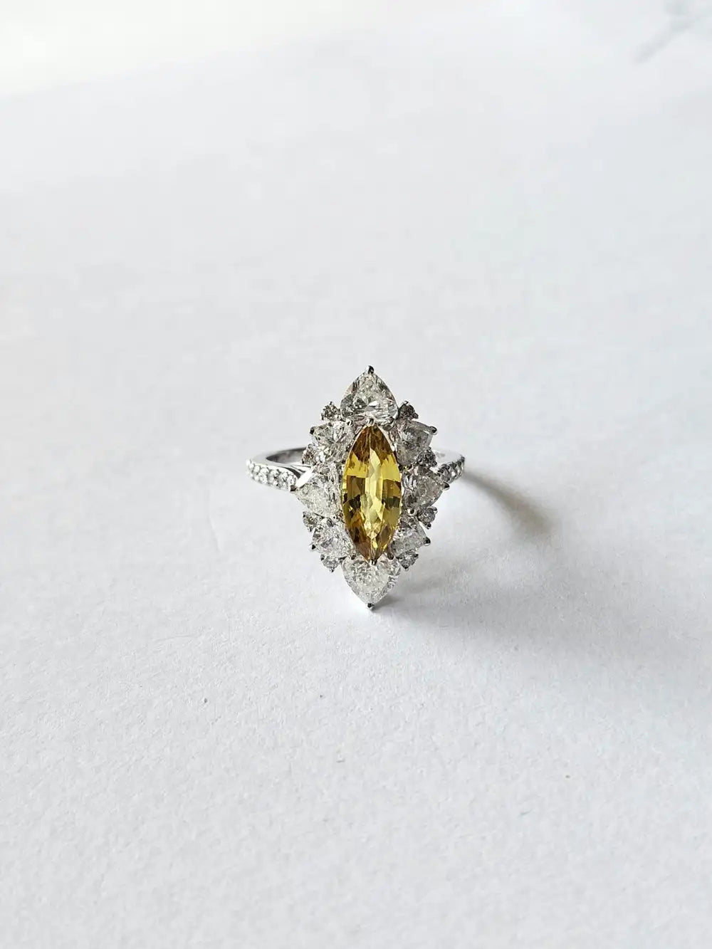 Natural Yellow Sapphire Gemstone Ring - 18k White Gold Diamond Handmade Ring