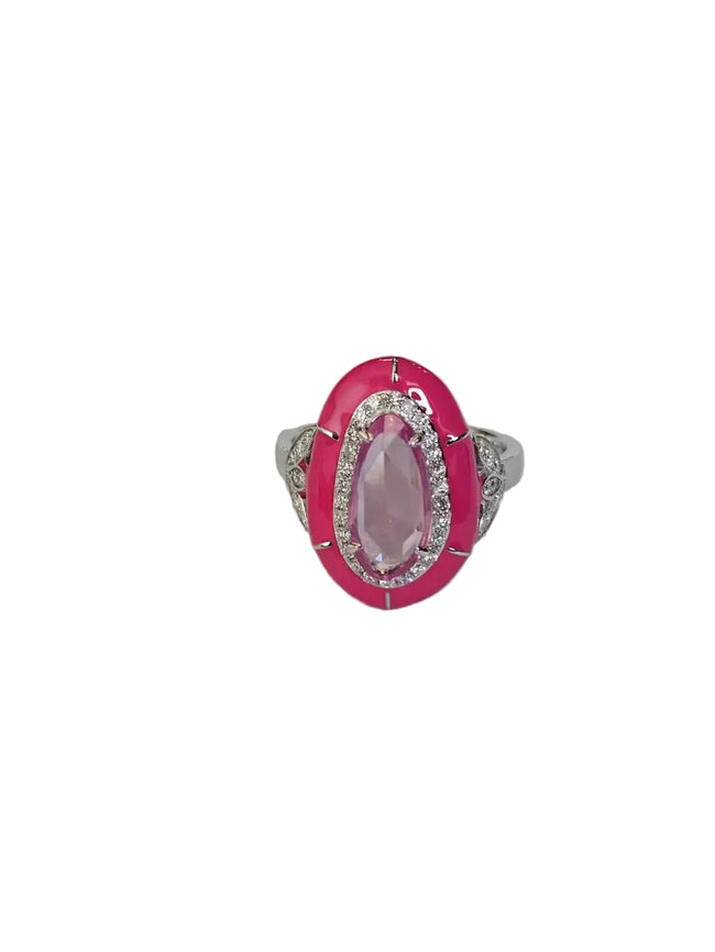 1.94 Ct. Pink Sapphire & Pink Enamel Ring - 18k White Gold Diamond Ring Hover Image