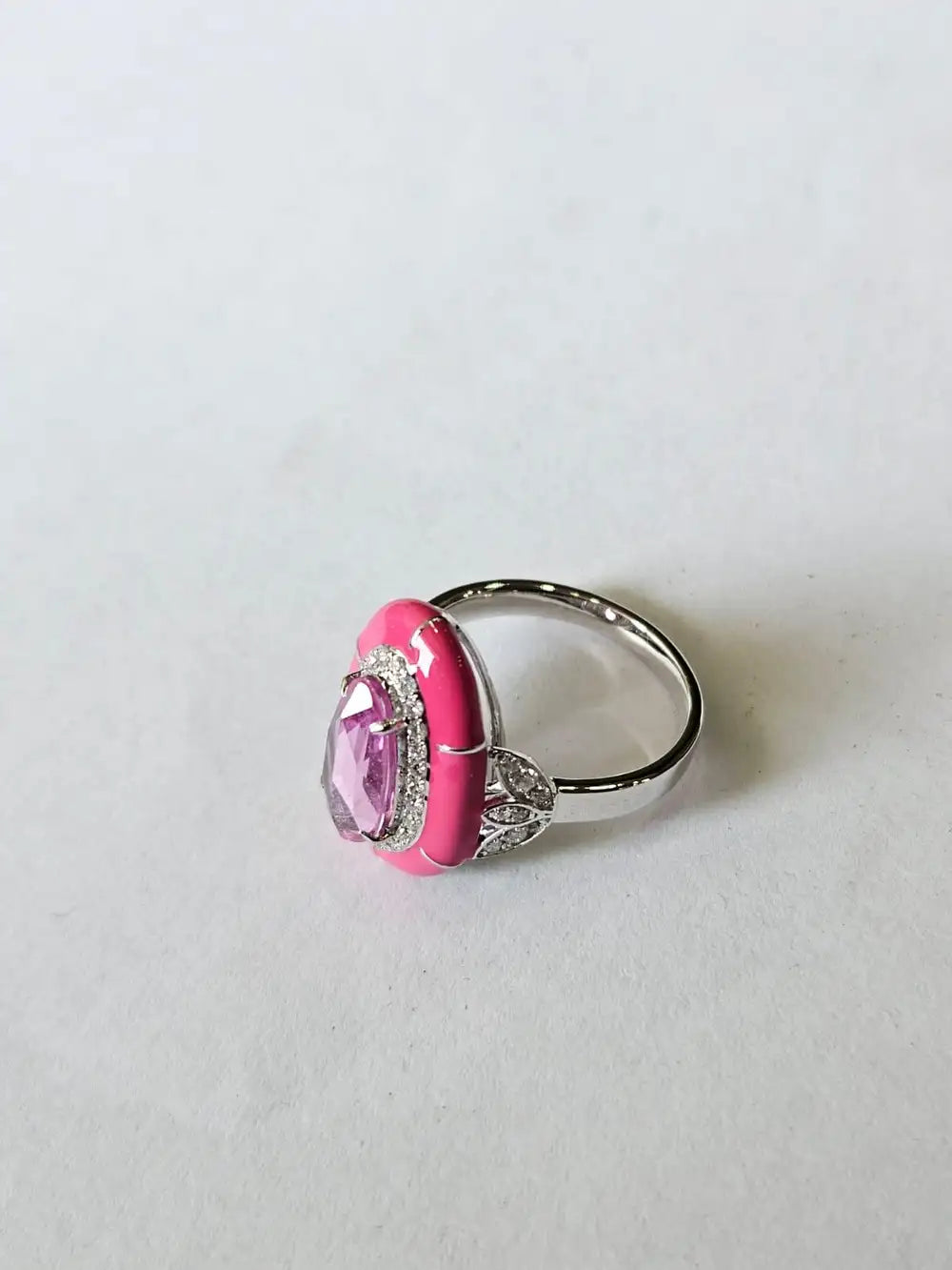 1.94 Ct. Pink Sapphire & Pink Enamel Ring - 18k White Gold Diamond Ring