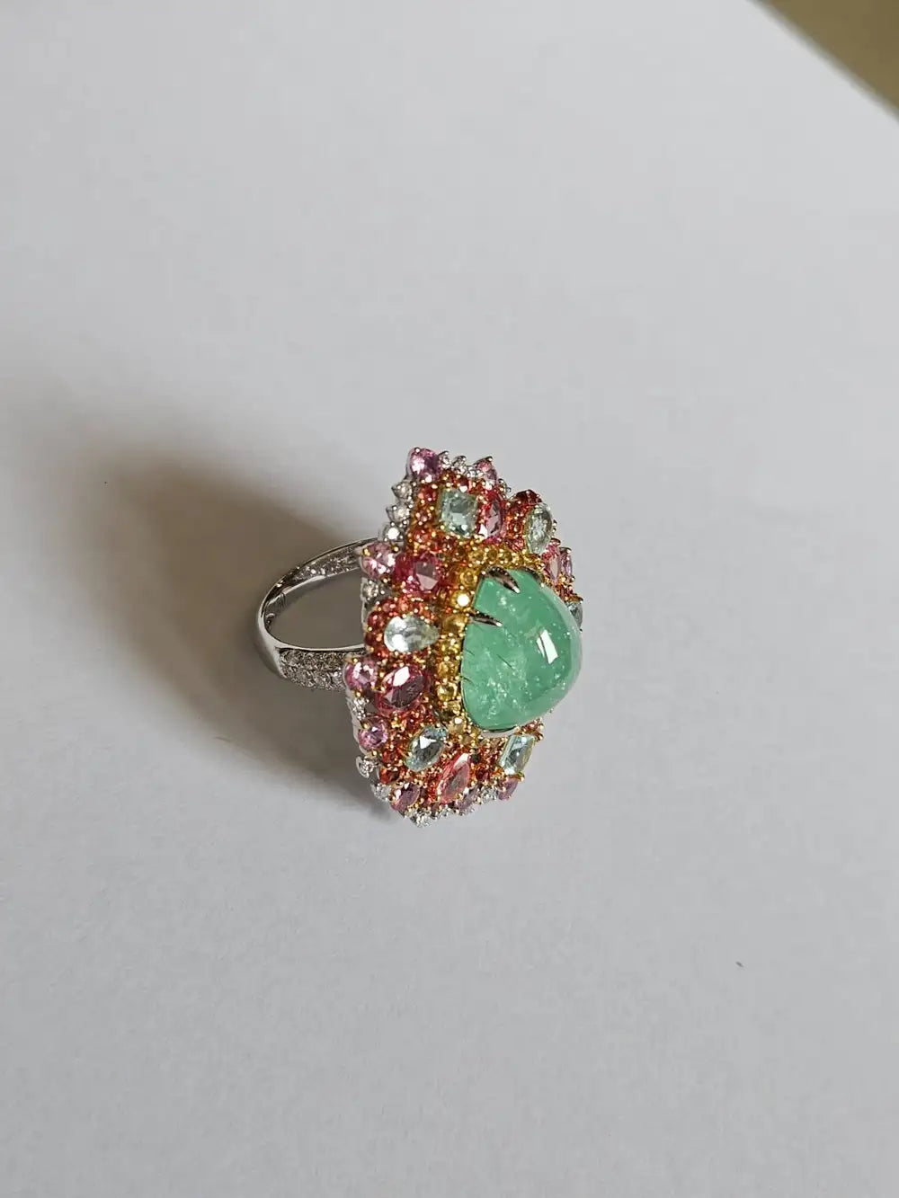 18k White Gold Diamond Handmade Cocktail Ring - Natural Paraiba Tourmaline & Multi Sapphire Gemstone Ring