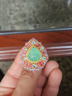 18k White Gold Diamond Handmade Cocktail Ring - Natural Paraiba Tourmaline & Multi Sapphire Gemstone Ring