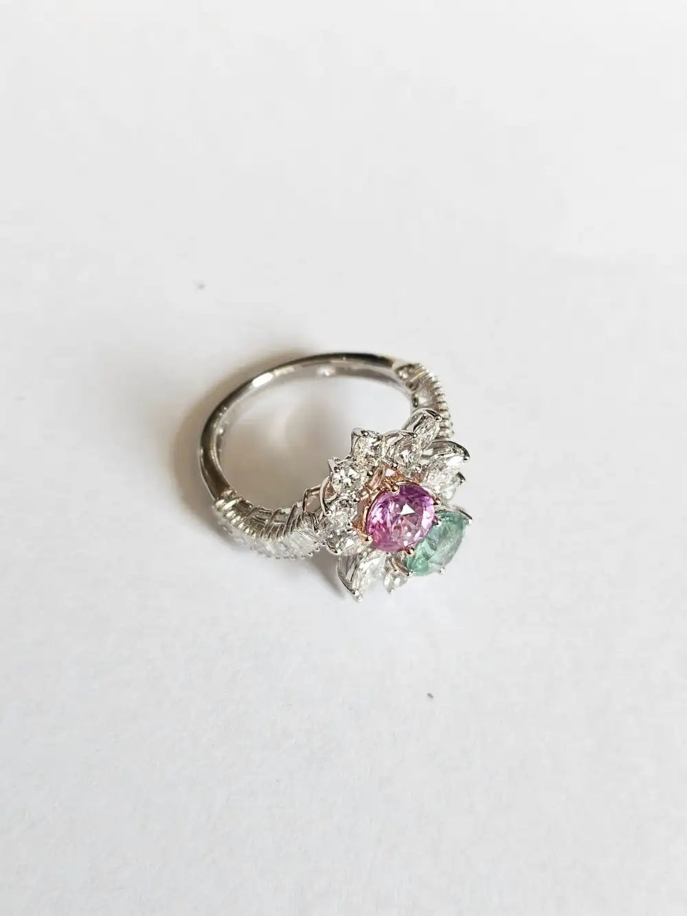 18k White Gold Diamond Toi et Moi Ring - Natural Pink Sapphire & Paraiba Tourmaline Cocktail Ring