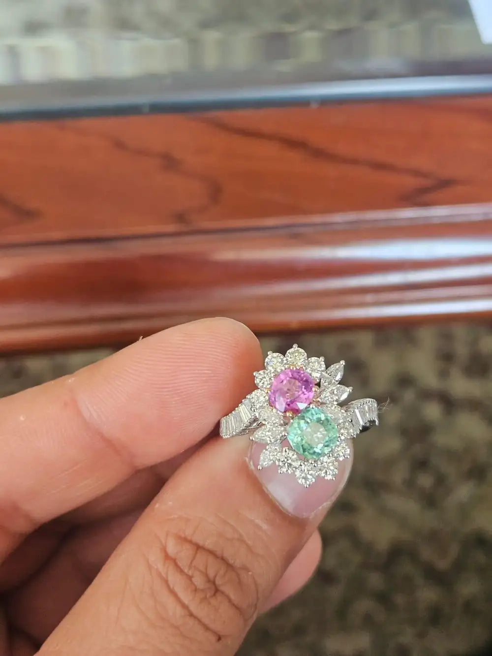 18k White Gold Diamond Toi et Moi Ring - Natural Pink Sapphire & Paraiba Tourmaline Cocktail Ring