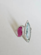 Natural Aquamarine & Mozambique Ruby Ring - 18k White Gold Diamond Ring