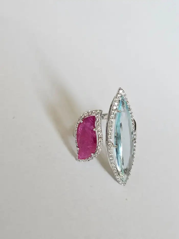 Natural Aquamarine & Mozambique Ruby Ring - 18k White Gold Diamond Ring
