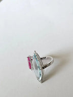 Natural Aquamarine & Mozambique Ruby Ring - 18k White Gold Diamond Ring