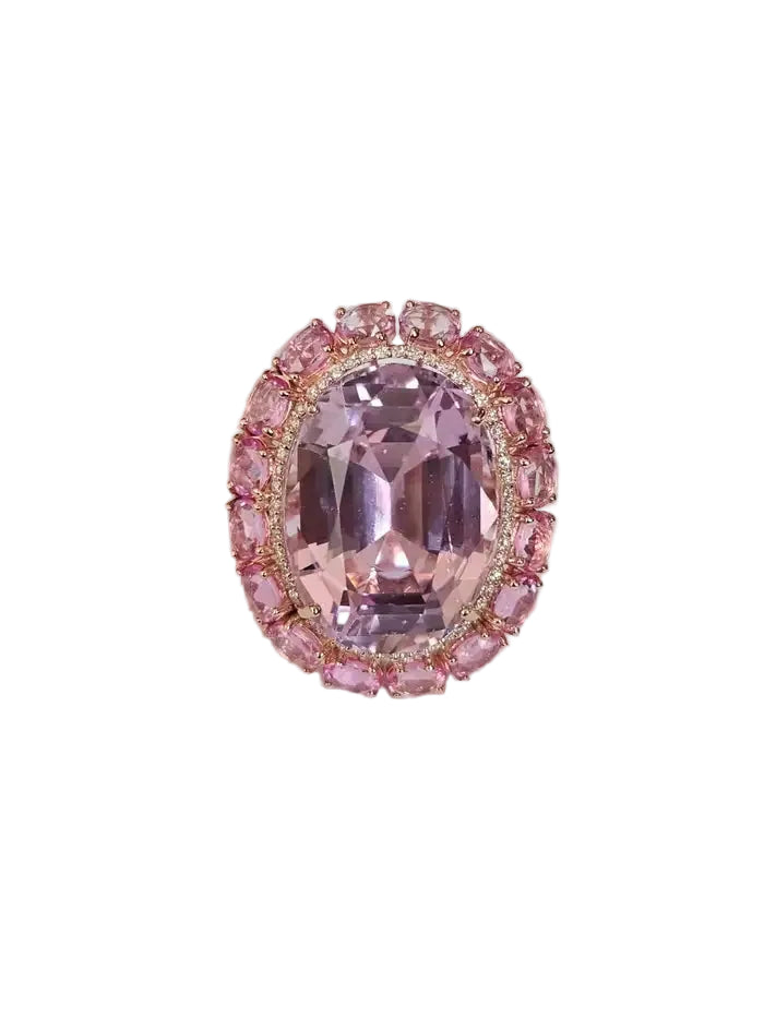 26.87 Ct. Kunzite & Pink Sapphire Cocktail Ring - 18k Rose Gold Diamond Wedding Ring