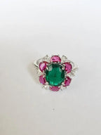 Natural Mozambique Ruby & Zambian Emerald Cocktail Ring - 18k White Gold Diamond Ring
