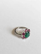 Natural Mozambique Ruby & Zambian Emerald Cocktail Ring - 18k White Gold Diamond Ring
