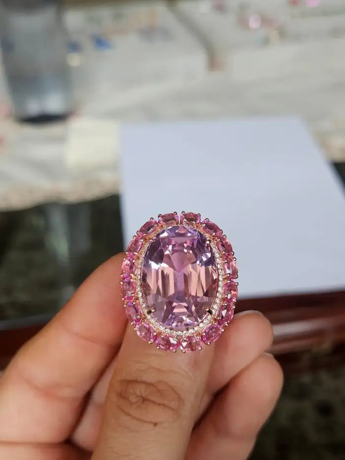 26.87 Ct. Kunzite & Pink Sapphire Cocktail Ring - 18k Rose Gold Diamond Wedding Ring