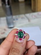 Natural Mozambique Ruby & Zambian Emerald Cocktail Ring - 18k White Gold Diamond Ring
