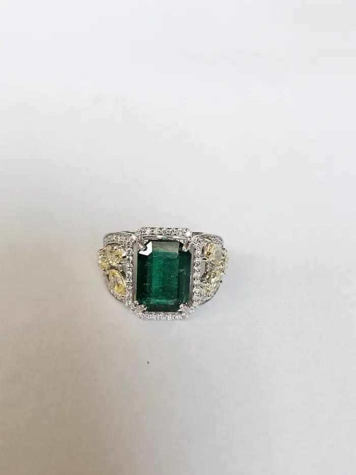 Natural Zambian Emerald Cocktail Ring - 18k White Gold Ring With Yellow Diamonds