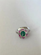 Natural Mozambique Ruby & Zambian Emerald Cocktail Ring - 18k White Gold Diamond Ring