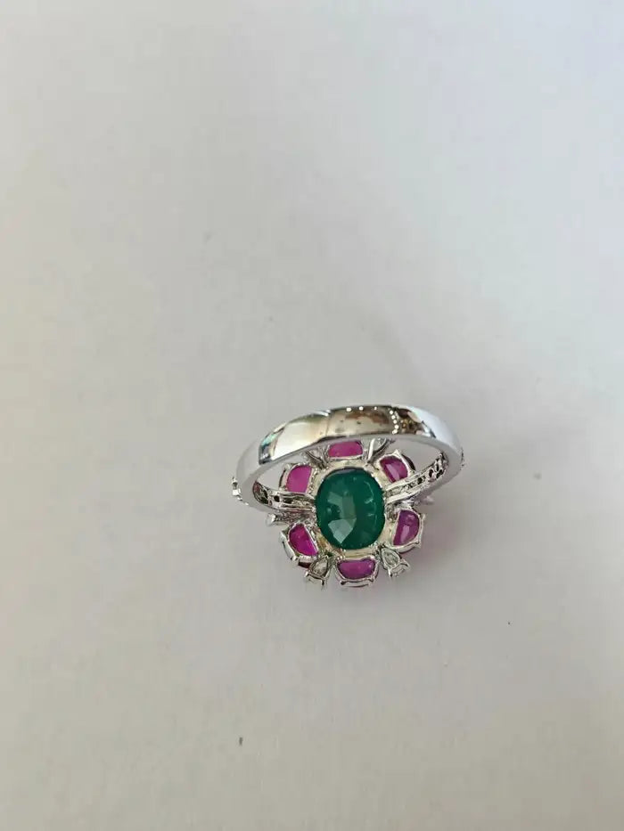 Natural Mozambique Ruby & Zambian Emerald Cocktail Ring - 18k White Gold Diamond Ring