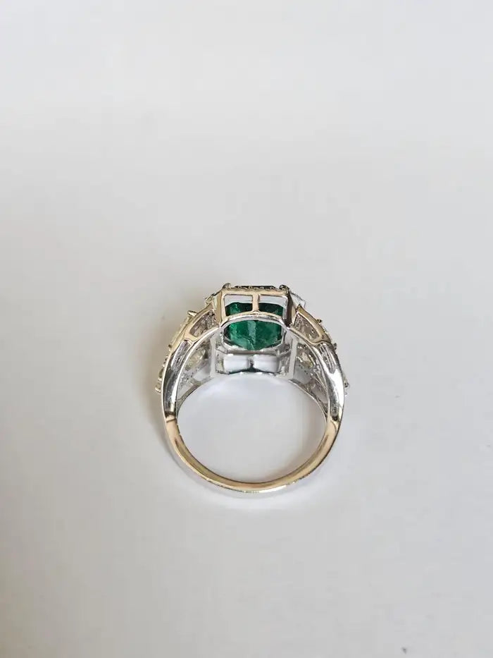 Natural Zambian Emerald Cocktail Ring - 18k White Gold Ring With Yellow Diamonds