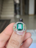Natural Zambian Emerald Cocktail Ring - 18k White Gold Ring With Yellow Diamonds
