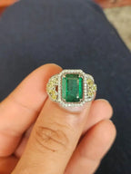 Natural Zambian Emerald Cocktail Ring - 18k White Gold Ring With Yellow Diamonds