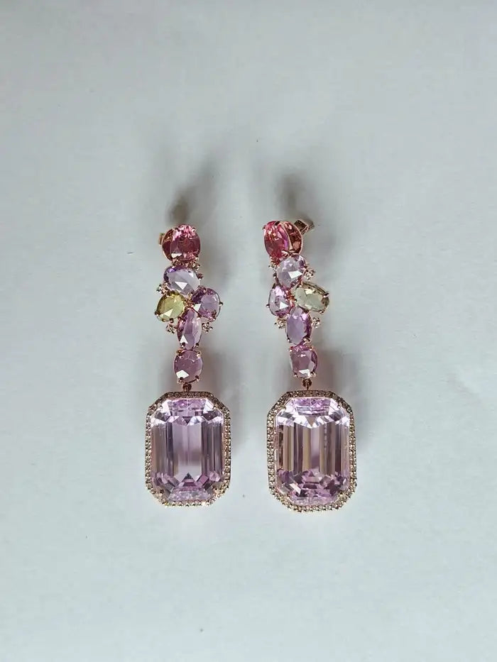 Natural Kunzite & Multi Sapphire Earrings - 18k Rose Gold Diamond Dangle Earrings