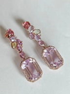 Natural Kunzite & Multi Sapphire Earrings - 18k Rose Gold Diamond Dangle Earrings
