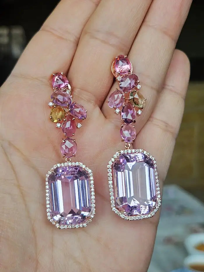 Natural Kunzite & Multi Sapphire Earrings - 18k Rose Gold Diamond Dangle Earrings