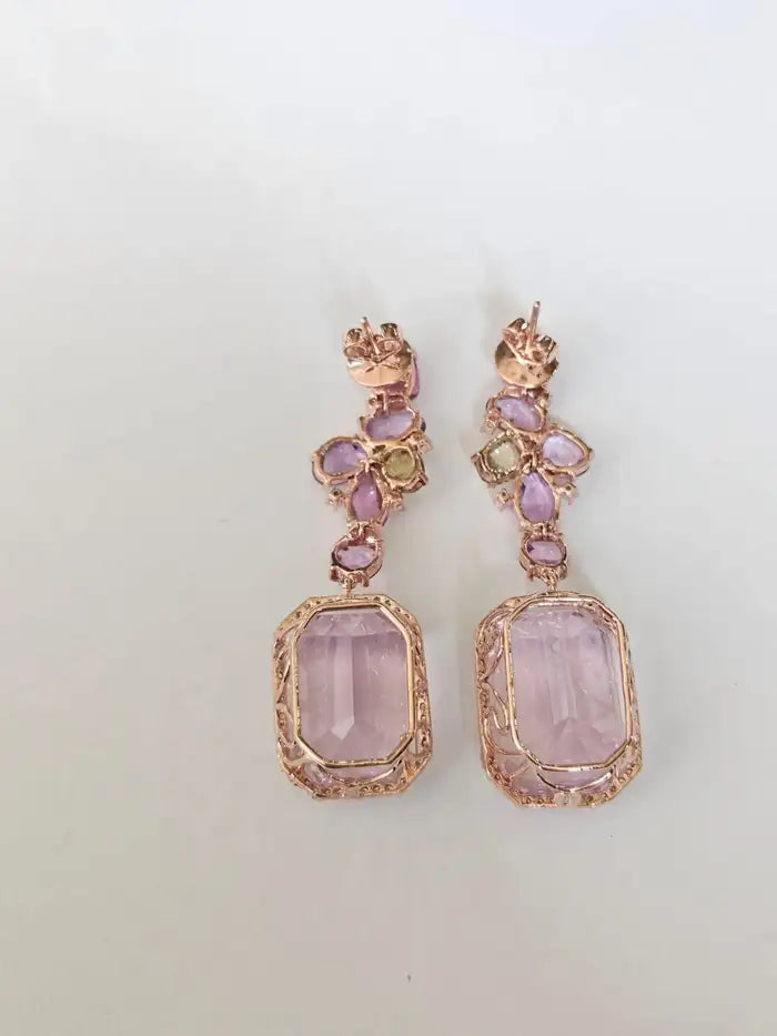 Natural Kunzite & Multi Sapphire Earrings - 18k Rose Gold Diamond Dangle Earrings