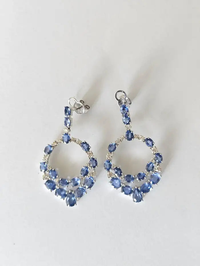 18k White Gold Diamond Handmade Earrings - Natural Blue Sapphire Dangle Earrings