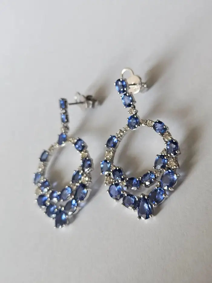 18k White Gold Diamond Handmade Earrings - Natural Blue Sapphire Dangle Earrings