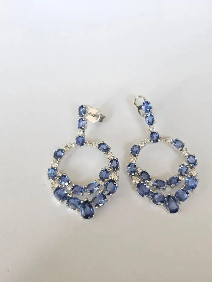 18k White Gold Diamond Handmade Earrings - Natural Blue Sapphire Dangle Earrings