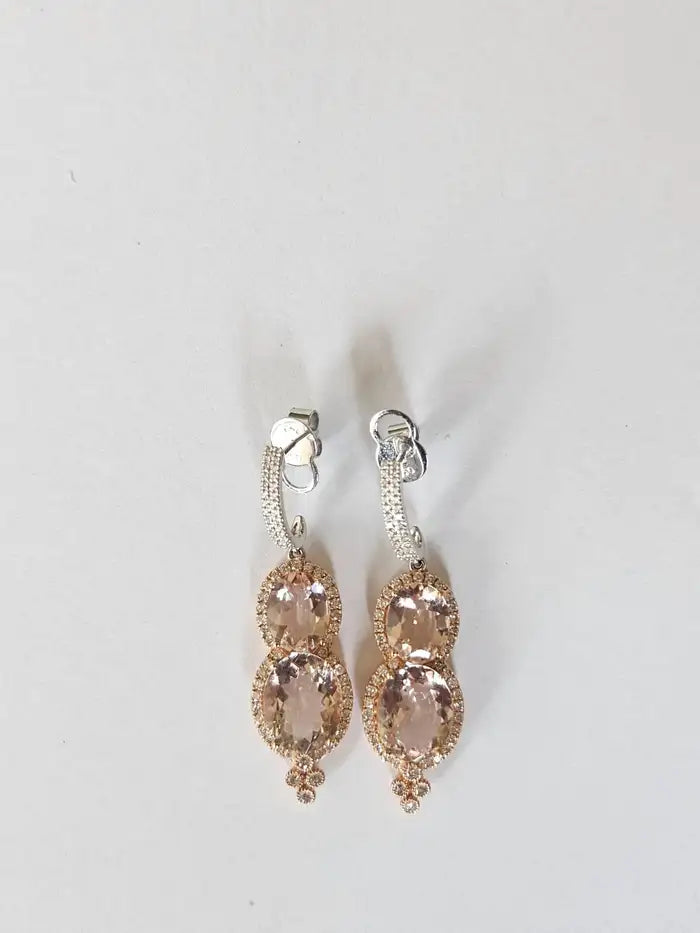 Natural Morganite & Diamond Dangle Earrings - 18k Rose Gold Handmade Earrings