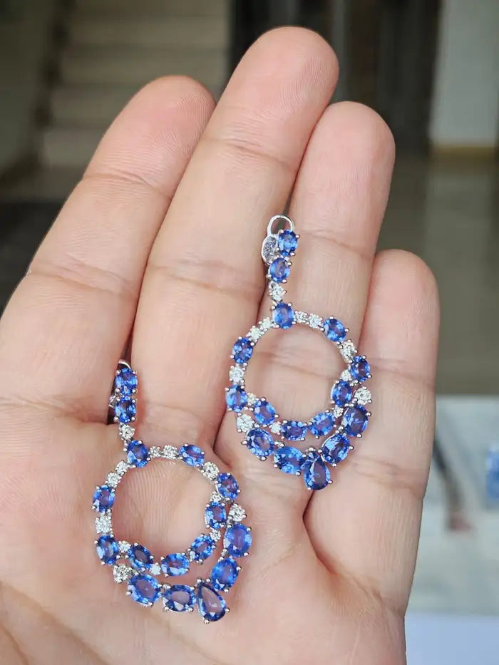18k White Gold Diamond Handmade Earrings - Natural Blue Sapphire Dangle Earrings