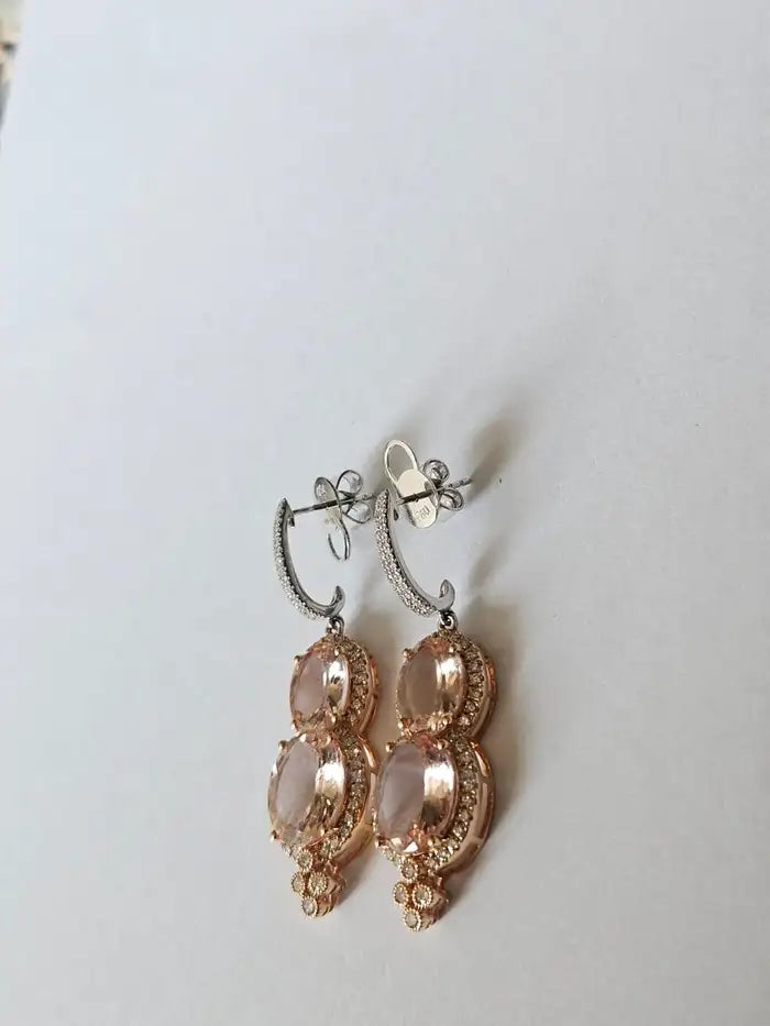 Natural Morganite & Diamond Dangle Earrings - 18k Rose Gold Handmade Earrings