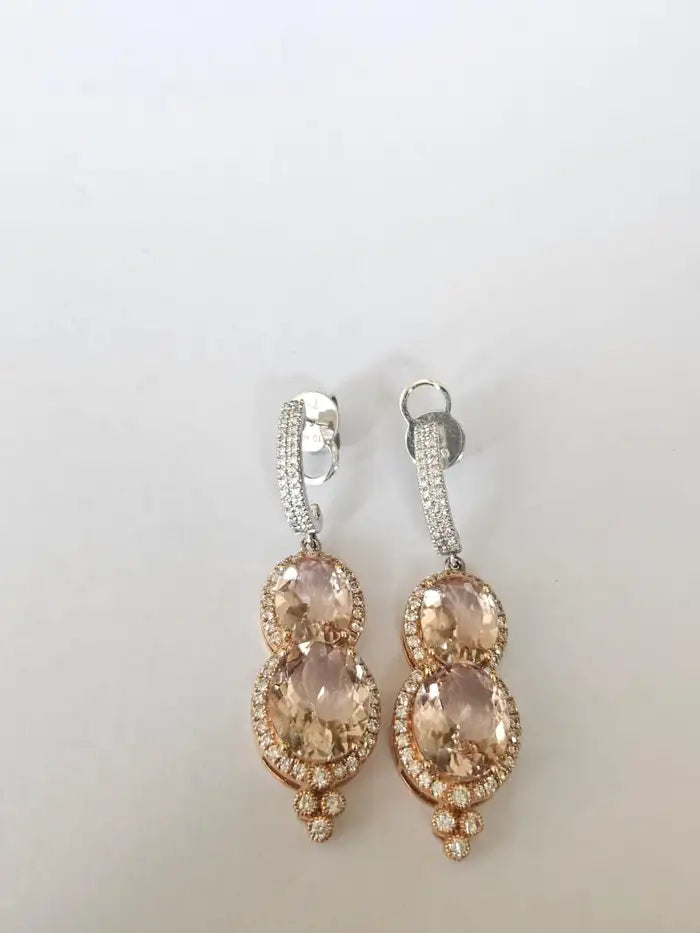 Natural Morganite & Diamond Dangle Earrings - 18k Rose Gold Handmade Earrings