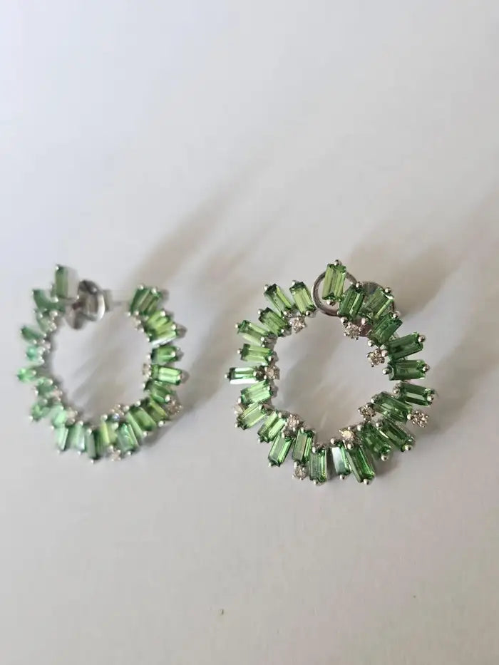 18k White Gold Diamond Earrings Natural Tsavorite Hoop Earrings
