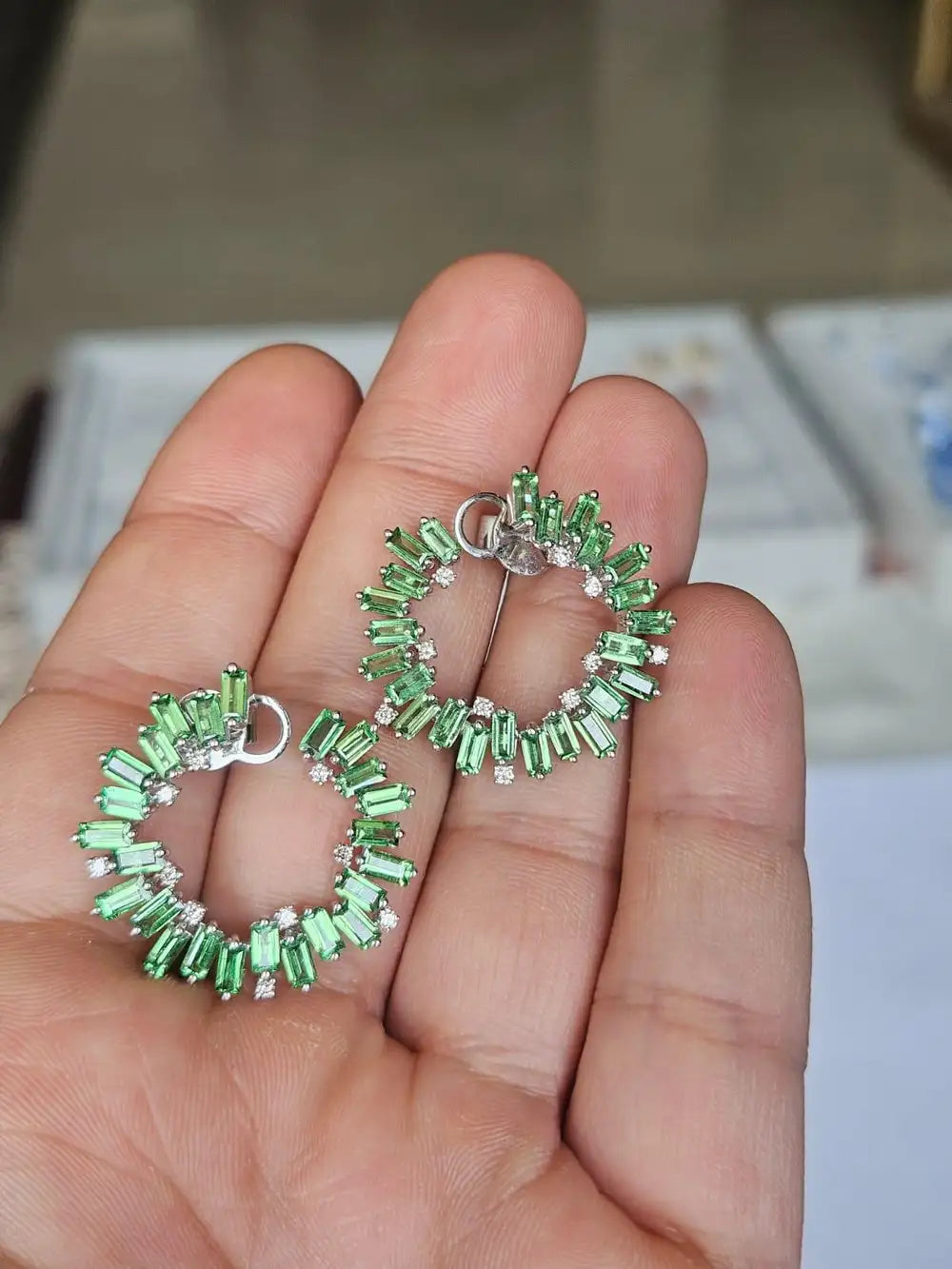 5.99 Ct. Tsavorite Gemstone Hoop Earrings - 18k White Gold Diamond Hoop Earrings