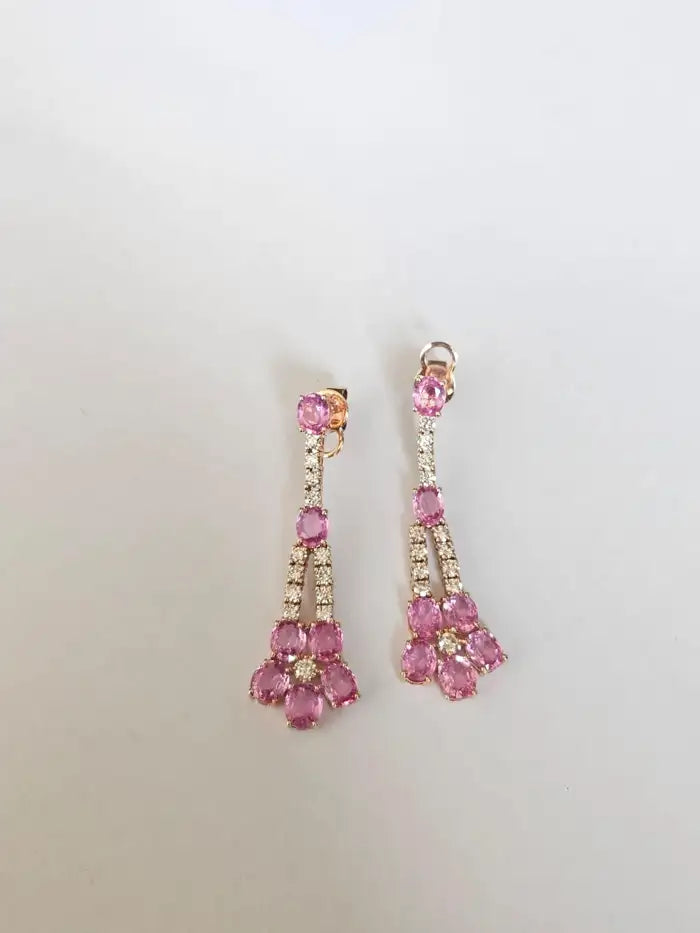 18k Rose Gold Diamond Handmade Earrings - Natural Pink Sapphire Dangle Earrings