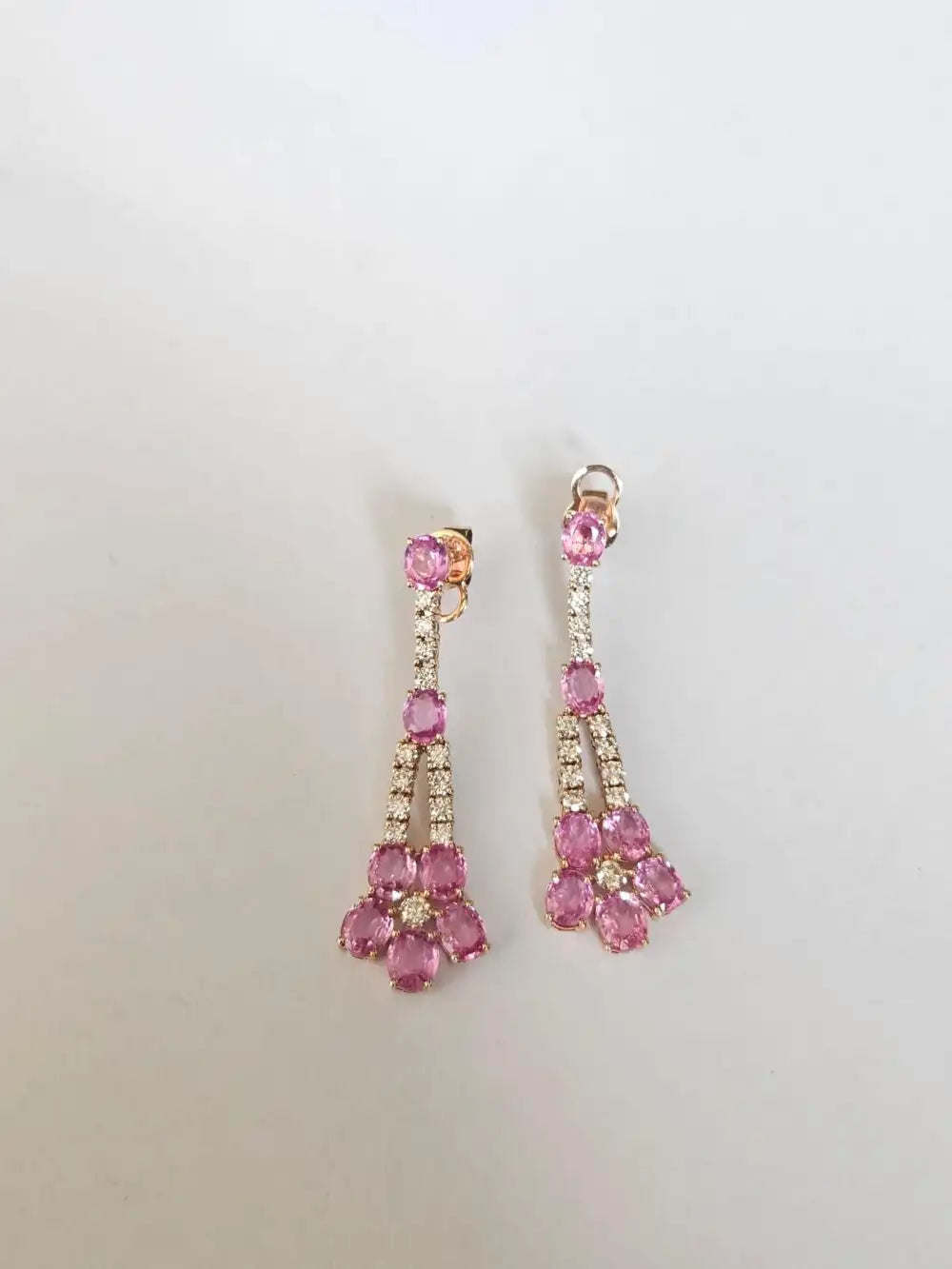 Natural Pink Sapphire Gemstone Dangle Earrings - 18k Rose Gold Diamond Earrings