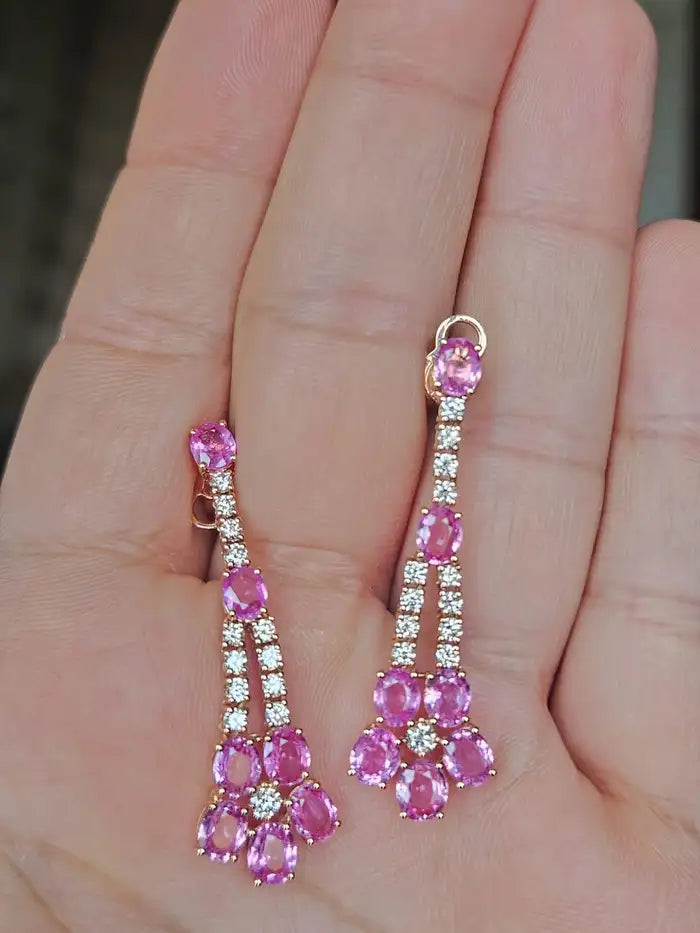 18k Rose Gold Diamond Handmade Earrings - Natural Pink Sapphire Dangle Earrings