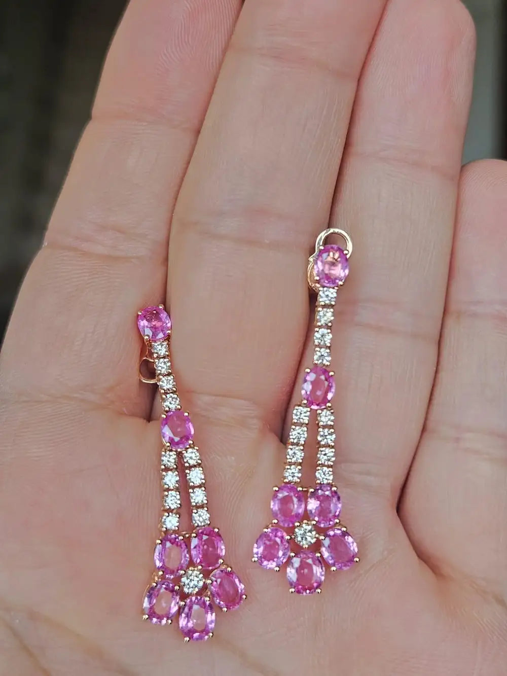 Natural Pink Sapphire Gemstone Dangle Earrings - 18k Rose Gold Diamond Earrings