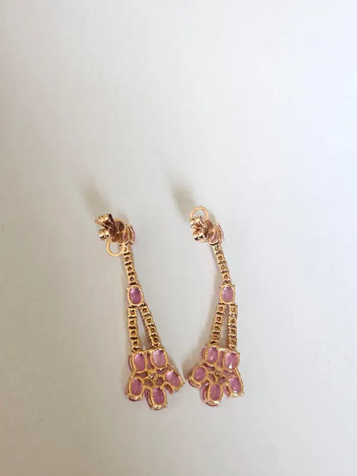18k Rose Gold Diamond Handmade Earrings - Natural Pink Sapphire Dangle Earrings