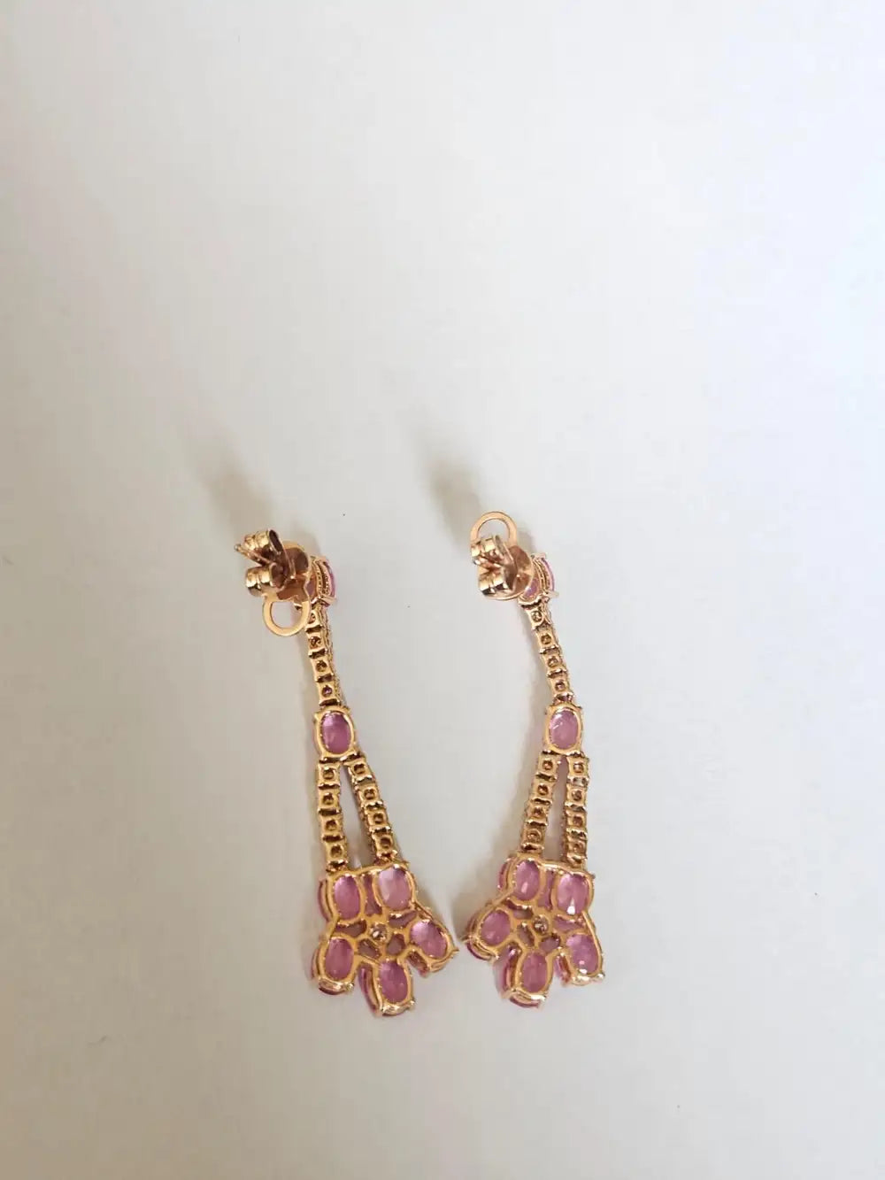 Natural Pink Sapphire Gemstone Dangle Earrings - 18k Rose Gold Diamond Earrings