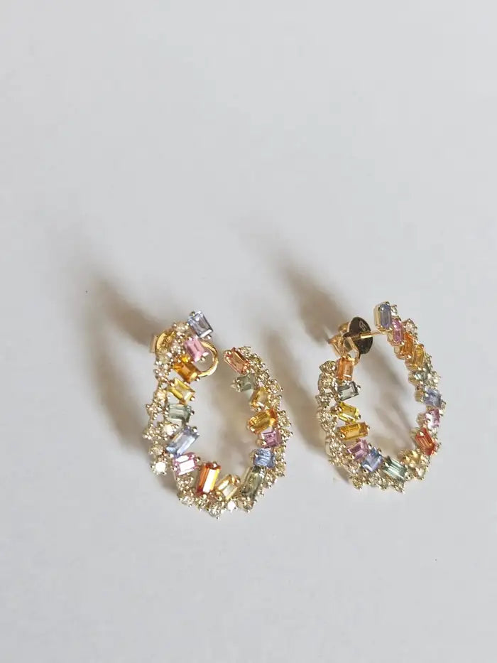 Natural Multi Sapphire & Diamond Hoop Earrings - 18k Yellow Gold Handmade Earrings