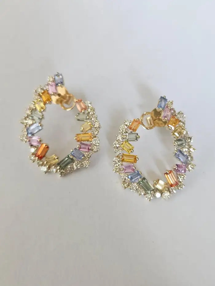 Natural Multi Sapphire & Diamond Hoop Earrings - 18k Yellow Gold Handmade Earrings