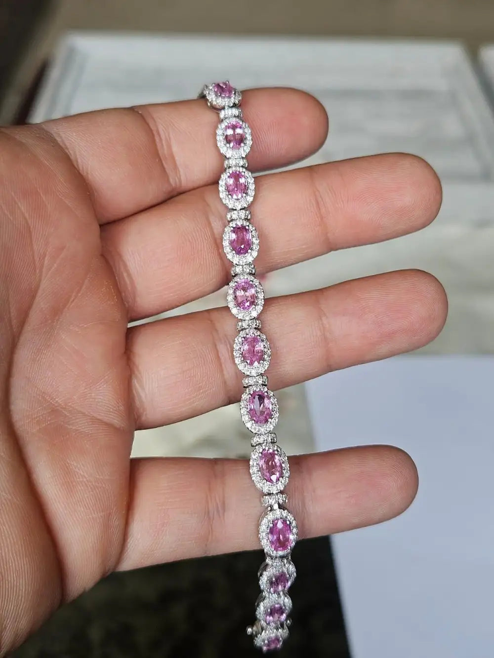 Natural Pink Sapphire Gemstone Bracelet - 18k White Gold Diamond Handmade Bracelet
