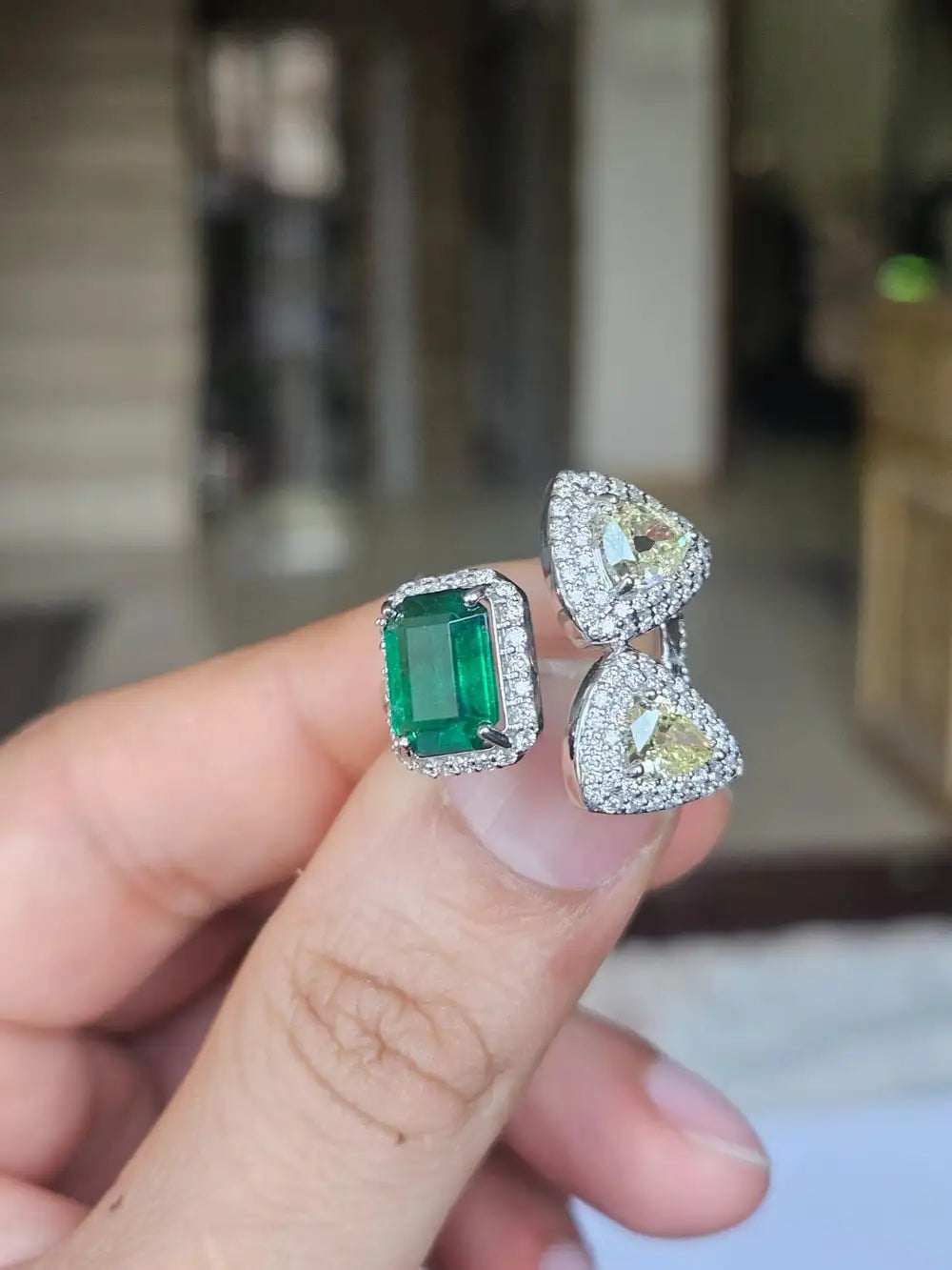 18k White Gold Diamond Wedding Ring - Natural Zambian Emerald Gemstone Ring