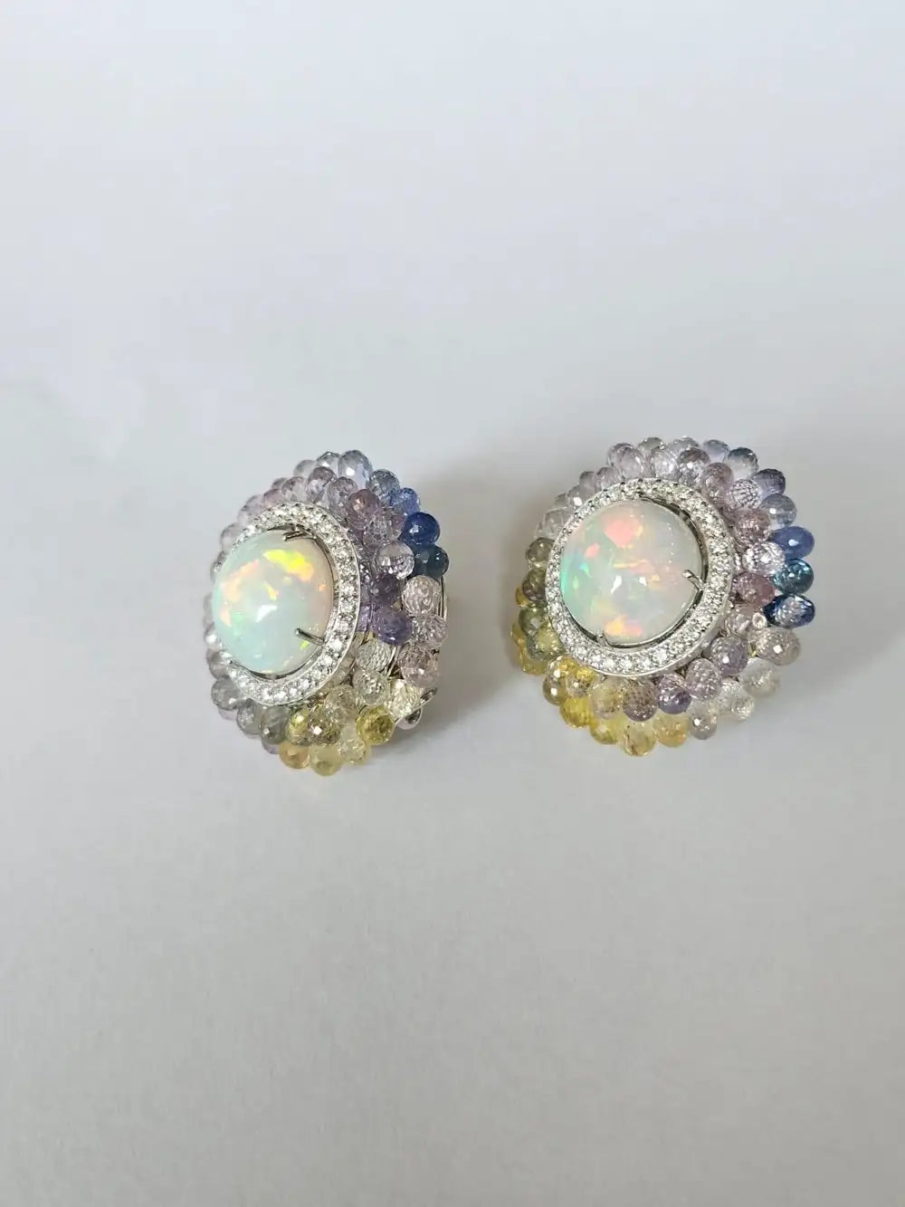 18k White Gold Diamond Stud Earrings - Natural Ethiopian Opal & Multi Sapphire Briolette Stud Earrings