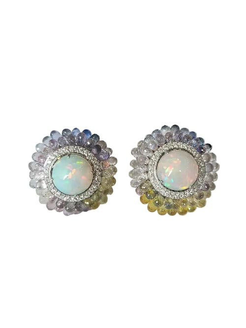 18k White Gold Diamond Stud Earrings - Natural Ethiopian Opal & Multi Sapphire Briolette Stud Earrings